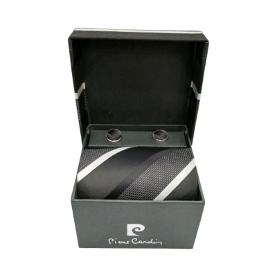 PIERRE CARDIN Σετ Δωρου SATIN SILK Γραβατα ριγε με Μανικετοκουμπα σε μαυρο γκρι χρωμα 90249-170
