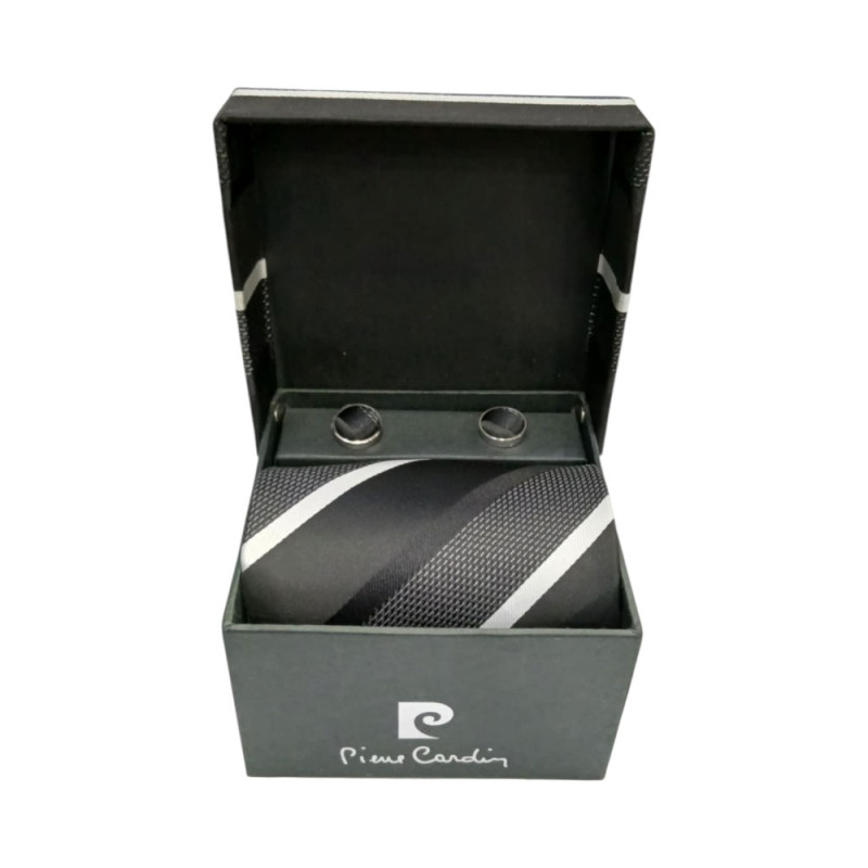 PIERRE CARDIN Σετ Δωρου SATIN SILK Γραβατα ριγε με Μανικετοκουμπα σε μαυρο γκρι χρωμα 90249-170 - KalliopiSilver PIERRE CARDIN Σετ Δωρου SATIN SILK Γραβατα ριγε με Μανικετοκουμπα σε μαυρο γκρι χρωμα 90249-170 - KalliopiSilver
