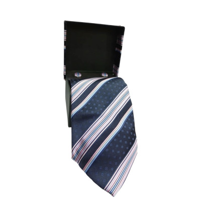 PIERRE CARDIN Σετ Δωρου SATIN SILK Γραβατα ριγε με Μανικετοκουμπα σε μπλε ροζ χρωμα 90249-200 - KalliopiSilver