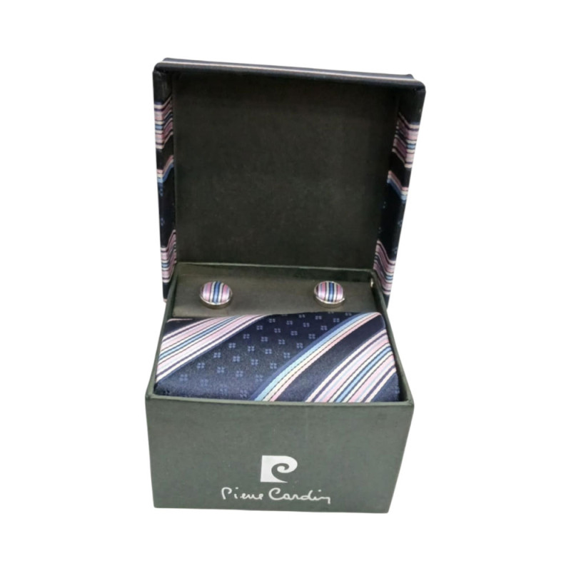 PIERRE CARDIN Σετ Δωρου SATIN SILK Γραβατα ριγε με Μανικετοκουμπα σε μπλε ροζ χρωμα 90249-200 - KalliopiSilver