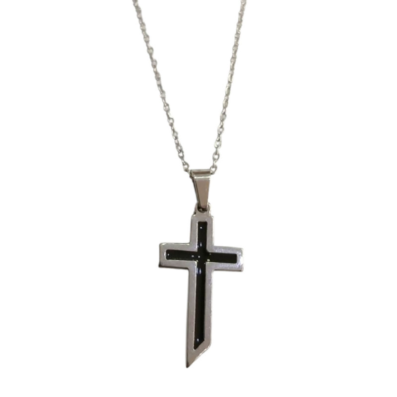 Ανδρικο κολιε απο ανοξειδωτο ατσάλι ασημι blacksteel Σταυρος με αλυσιδα 50cm HC2012