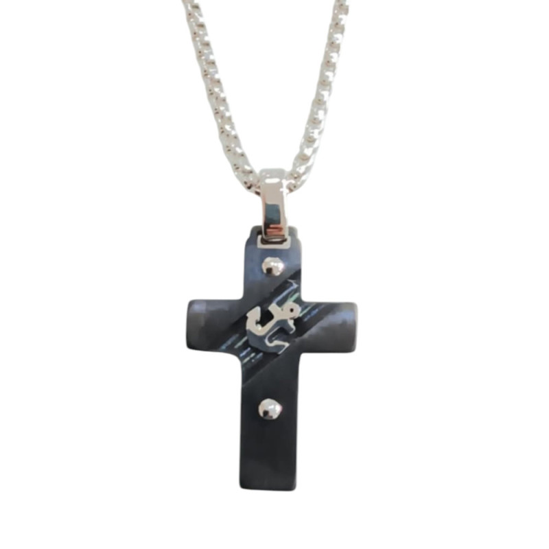 Kalliopisilver Ανδρικος σταυρος black steel από ατσάλι με αγκυρα και αλυσιδα 55cm HC9670 - KalliopiSilver