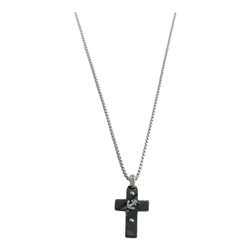 Kalliopisilver Ανδρικος σταυρος black steel από ατσάλι με αγκυρα και αλυσιδα 55cm HC9670 - KalliopiSilver