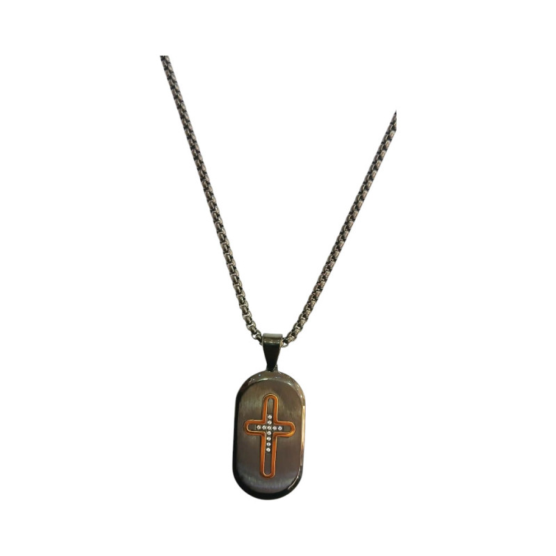 Ανδρικο κολιε απο ανοξειδωτο ατσάλι blacksteel οβαλ ταυτοτητα με σταυρο και αλυσιδα 58cm JK-SPC1786