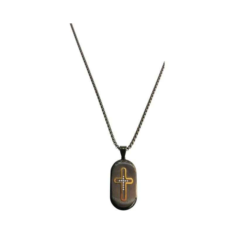 Ανδρικο κολιε απο ανοξειδωτο ατσάλι blacksteel οβαλ ταυτοτητα με σταυρο και αλυσιδα 58cm JK-SPC1786