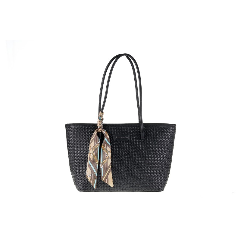 Pierre Cardin Γυναικεια τσαντα ωμου Shopping Bag μαυρη με Πλεκτή Υφή & Φουλάρι LONG23-2401-black - KalliopiSilver