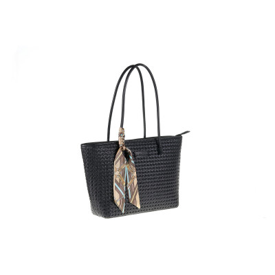 Pierre Cardin Γυναικεια τσαντα ωμου Shopping Bag μαυρη με Πλεκτή Υφή & Φουλάρι LONG23-2401-black