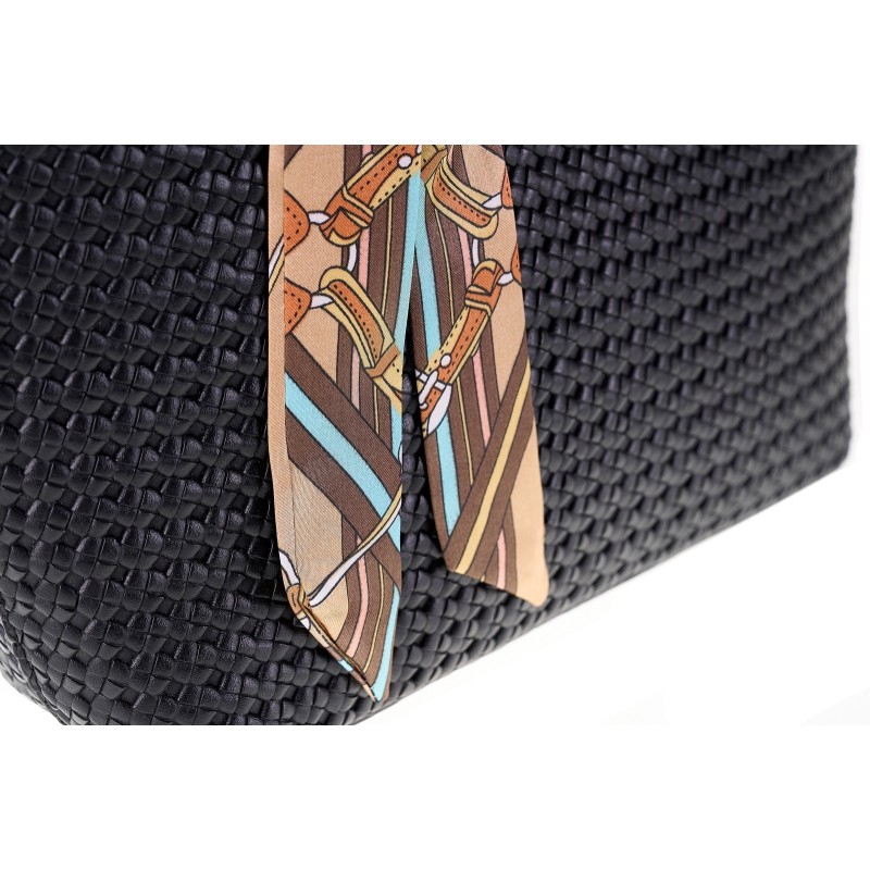 Pierre Cardin Γυναικεια τσαντα ωμου Shopping Bag μαυρη με Πλεκτή Υφή & Φουλάρι LONG23-2401-black - KalliopiSilver