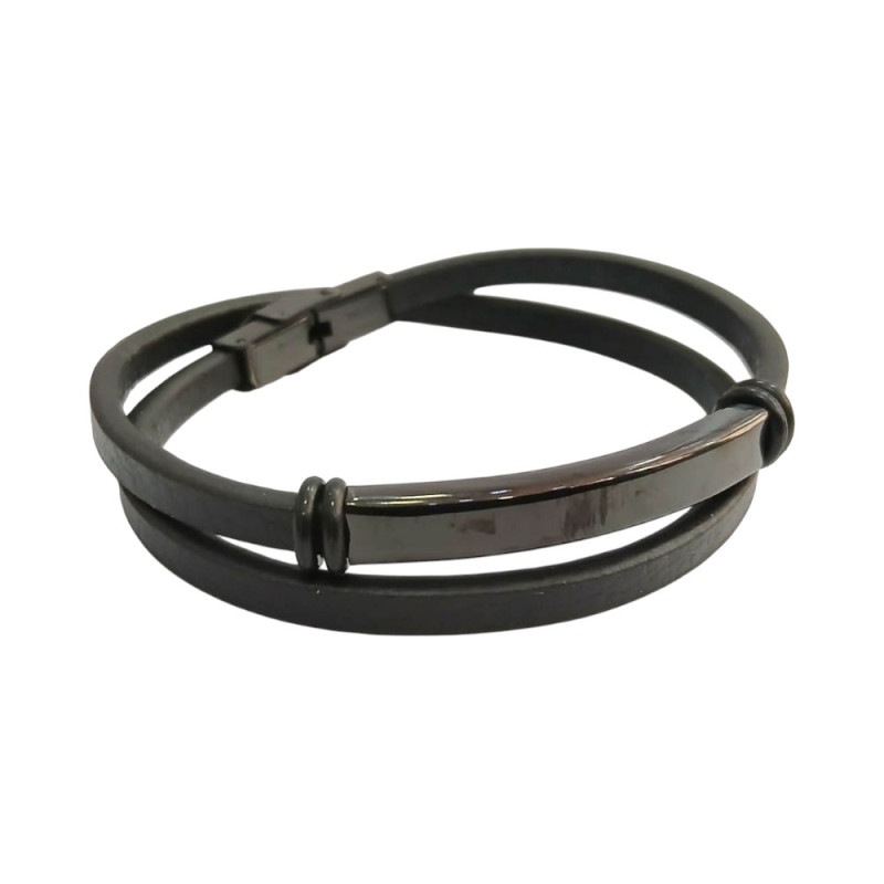 Ανδρικο διπλο βραχιολι ατσαλι black steel και μαυρο δερμα SB992