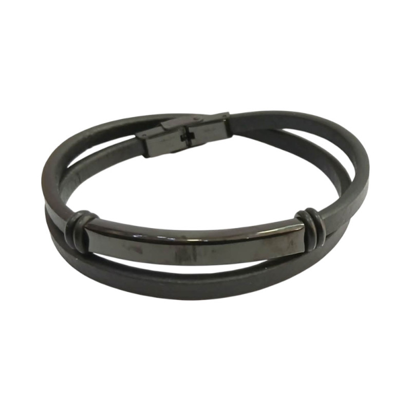 Ανδρικο διπλο βραχιολι ατσαλι black steel και μαυρο δερμα SB992