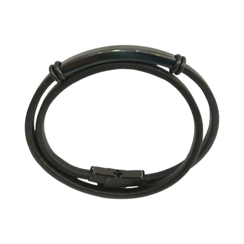 Ανδρικο διπλο βραχιολι ατσαλι black steel και μαυρο δερμα SB992