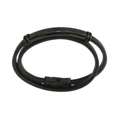 Ανδρικο διπλο βραχιολι ατσαλι black steel και μαυρο δερμα SB992