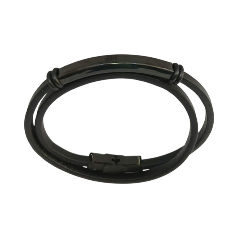Ανδρικο διπλο βραχιολι ατσαλι black steel και μαυρο δερμα SB992