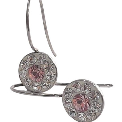 BD JEWELERY Σκουλαρικια κρεμαστα από ατσαλι με λευκα και ροζ ζιργκον 3χ1,3cm