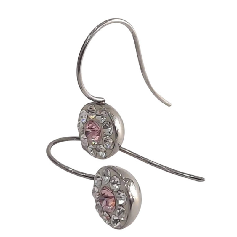 BD JEWELERY Σκουλαρικια κρεμαστα από ατσαλι με λευκα και ροζ ζιργκον 3χ1,3cm - KalliopiSilver