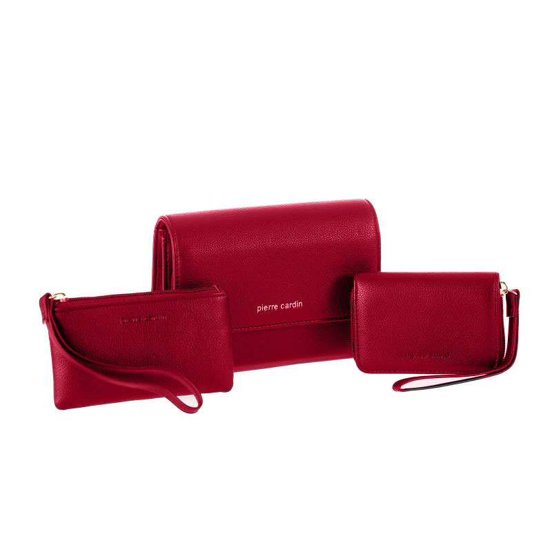 Γυναικείο Σετ 3 Τεμαχίων Pierre Cardin Μπορντό από Eco Leather με Τσάντα ωμου, Τσαντακι Clutch & Πορτοφόλι WX54-BORDEAUX